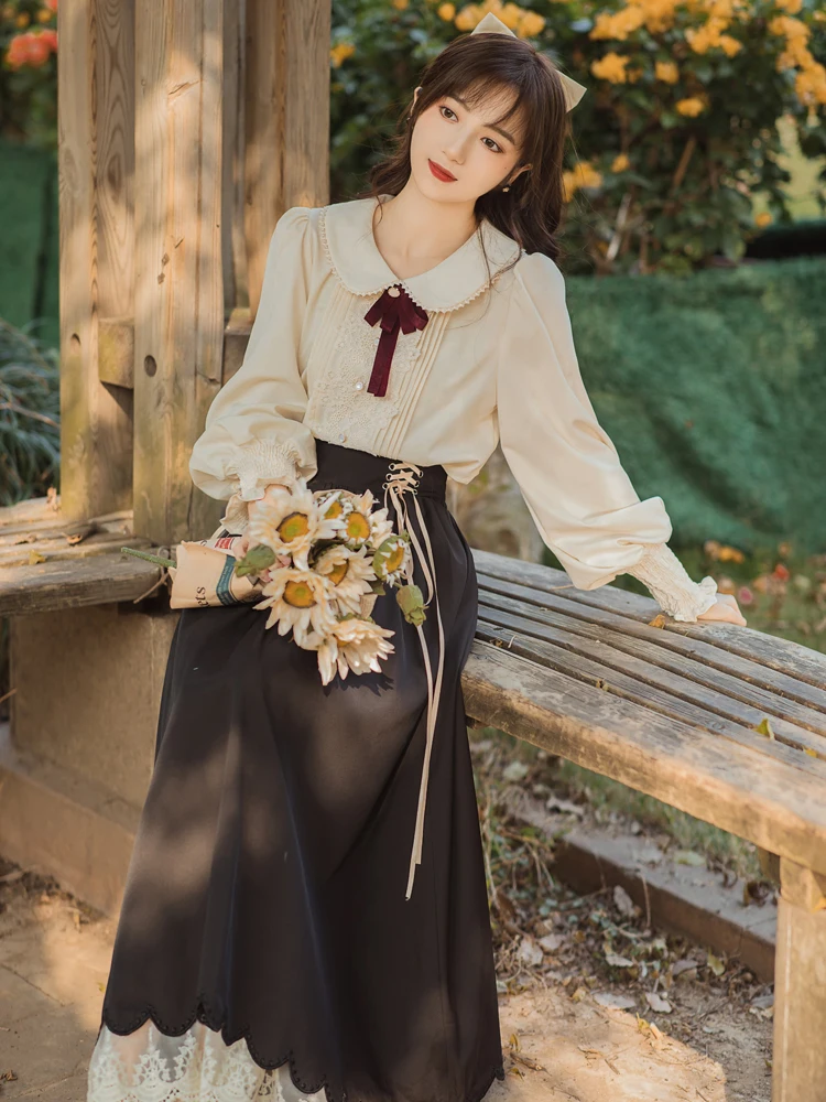 Lolita Style Two Piece Skirt Set Women Spring Autumn Long Sleeve Embroidery Bow Shirt and Lace Patchwork Skirts Outfits