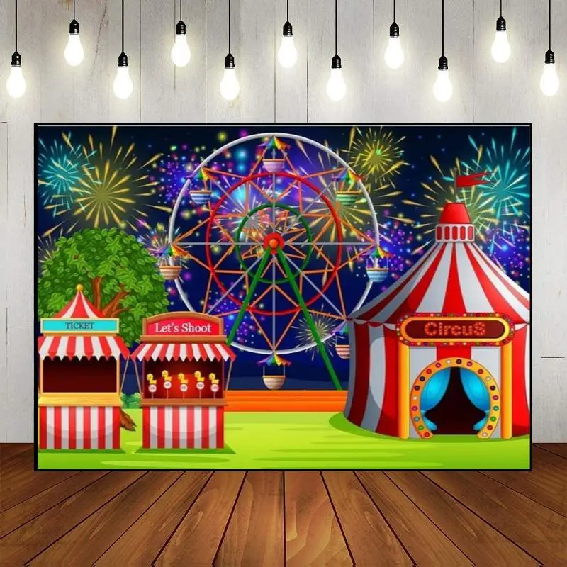 

Carousel Photo Happy Birthday Photography Circus Theme Party Backdrop Wall Ferris Wheel Baby Shower Background Tent Custom