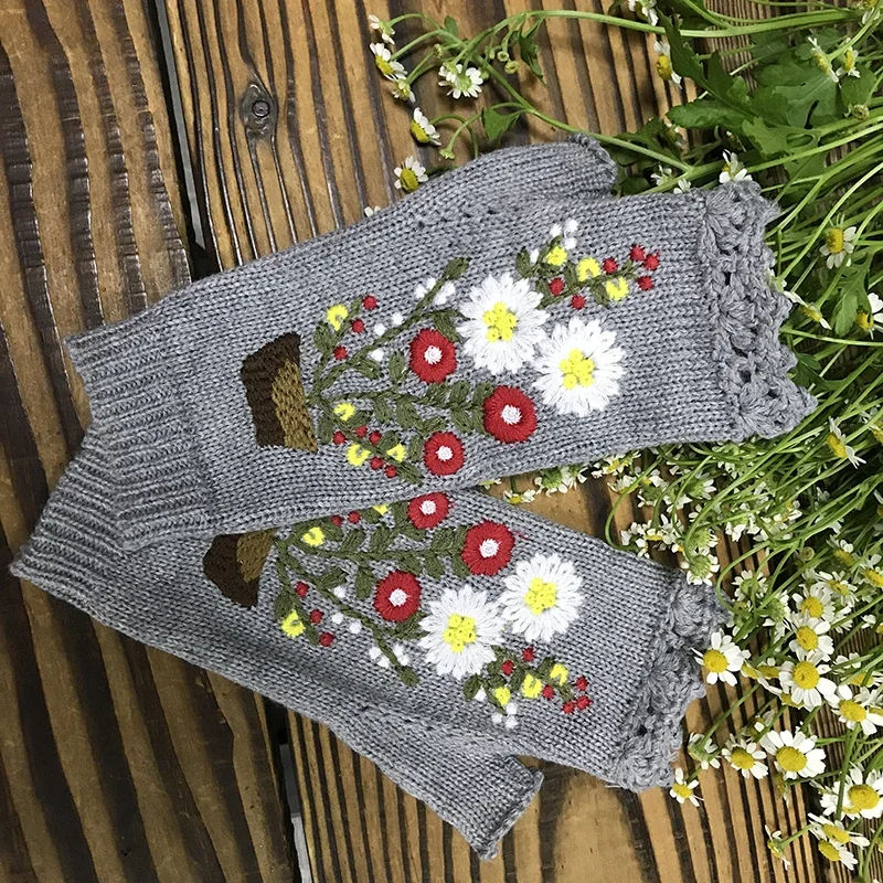 Fashion Womens Autumn Knitted Handmade Embroidery Gloves Embroidered Sun Flowers Mid Long Half Finger Warm Wool Winter Gloves