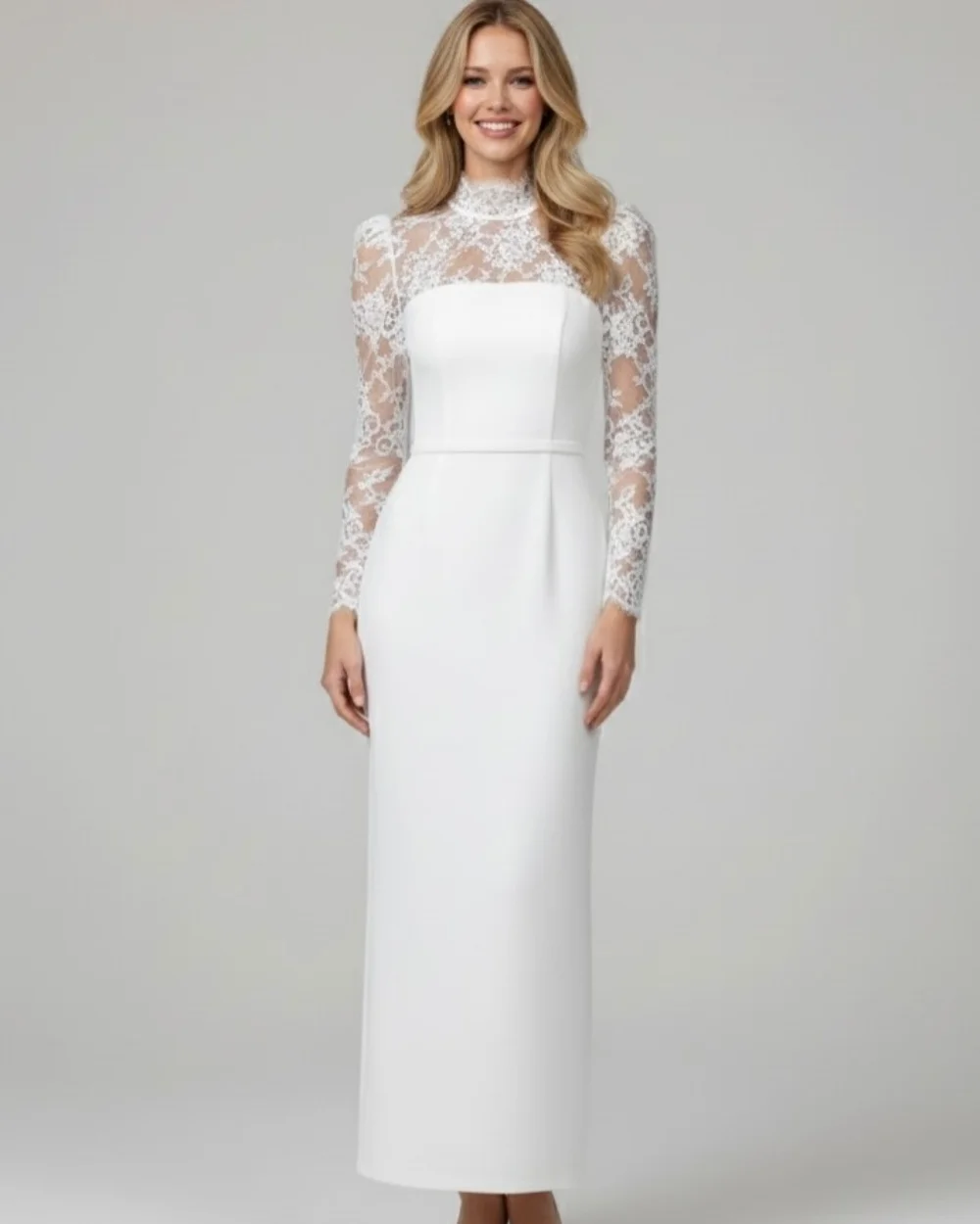 Maßgeschneidertes, elegantes, formelles, gerades Jersey-Partykleid aus weißem Jersey, Retro-Stil, hoher Kragen, lange Ärmel, knöchellange Kleider, Abendkleider