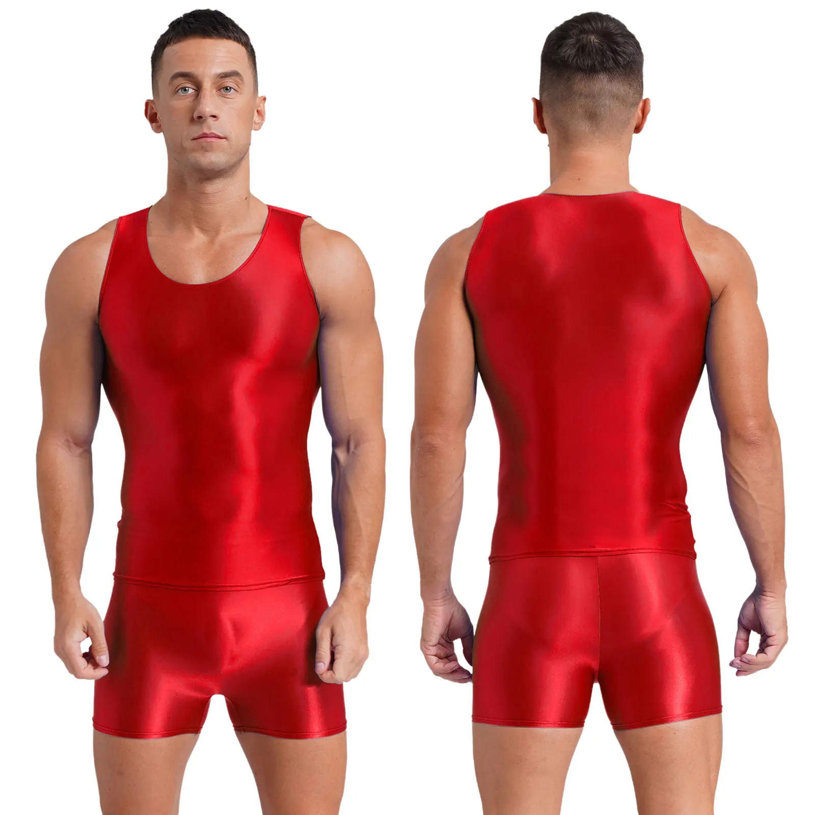 Summer Sport Bodybuilding Costumes Men Glossy Sleeveless Crop Top with Stretchy Shorts Set for Running Fitness Swimming Suit