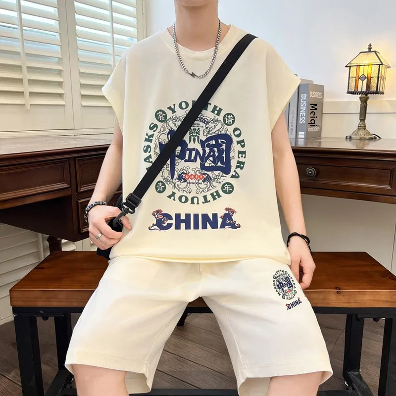 

Повседневная футболка и жилет Baskeall Sle Svel, мужской летний комплект с принтом Faion, брюки пять четвертей, молодежная спортивная одежда для отдыха