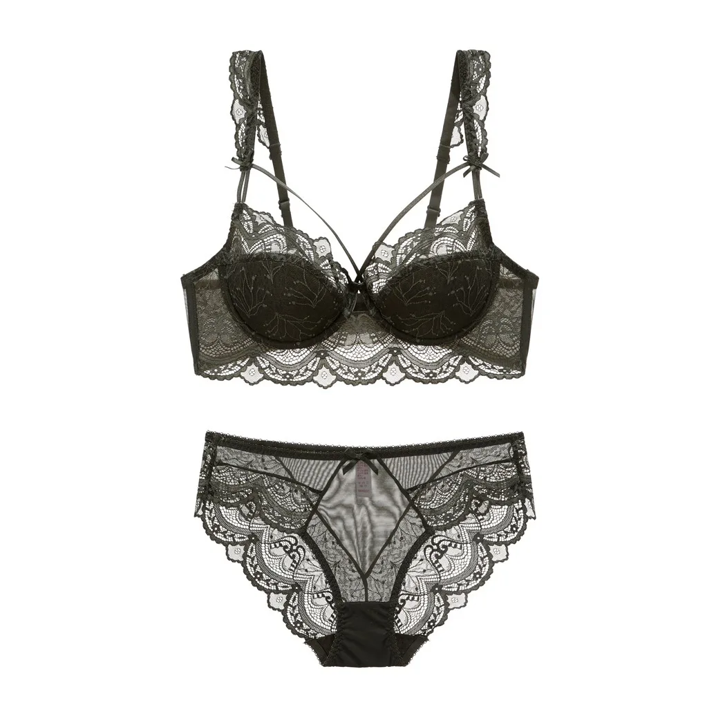 

Sexy Lace Thin Cotton Women's Underwear Soft Steel Ring Large Chest Appears Small plus Size Bra Set Gathered /4 Cup Mold