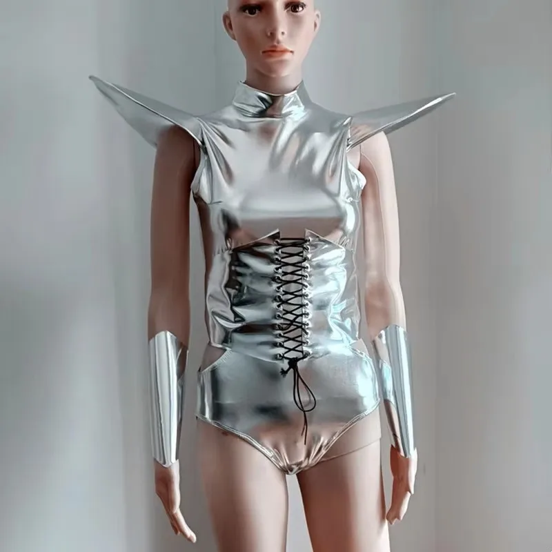 Moda argento laser spalla mosca body discoteca polsino bar gogo ballerino squadra performance festival costume cosplay con