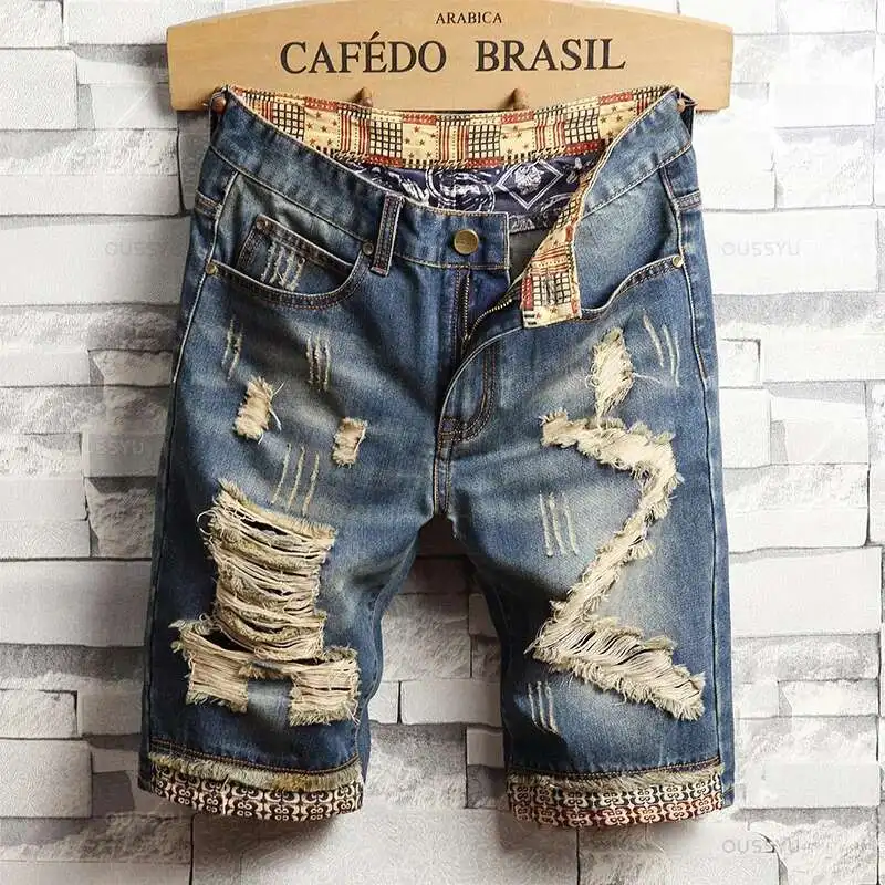 

Brand Clothing New Summer Ripped Hole Denim Shorts Men Cotton Thin Straight Retro Biker Knee Length Short Jeans Male Streetwear
