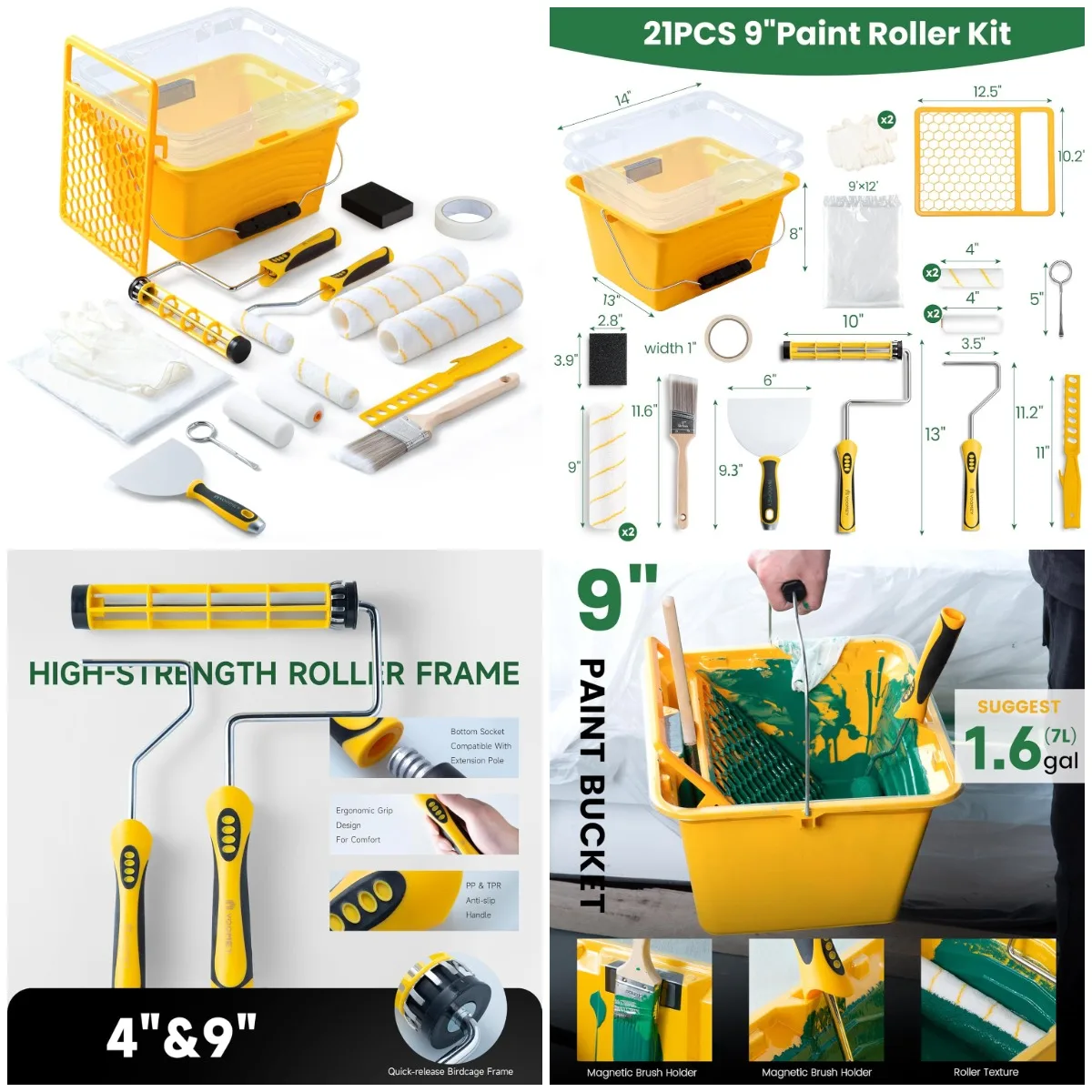 

9-дюймовый комплект ведер для краски с вкладышем, роликовой рамкой и чехлами из микрофибры — 21 шт. профессиональных принадлежностей для рисования стен и поделок