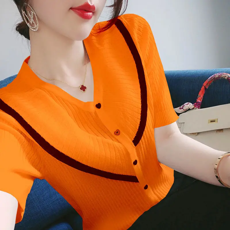 Fashion V-Neck 2024 New Short Sleeve Button Knitted Shirt Female Clothing Summer Casual Tops Loose Commute Blouse