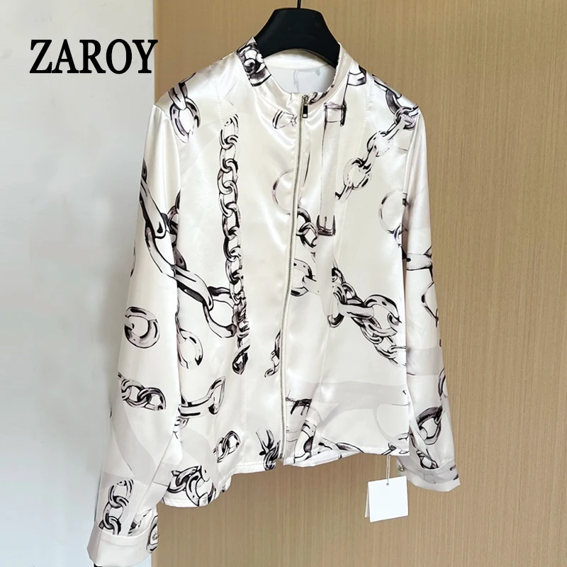 

ZAROY Luxury Old Money Women Jacket Autumn Long Sleeve Stand Collar Zipper Thin Satin Female Shirt and Blouse Tops قمصان و