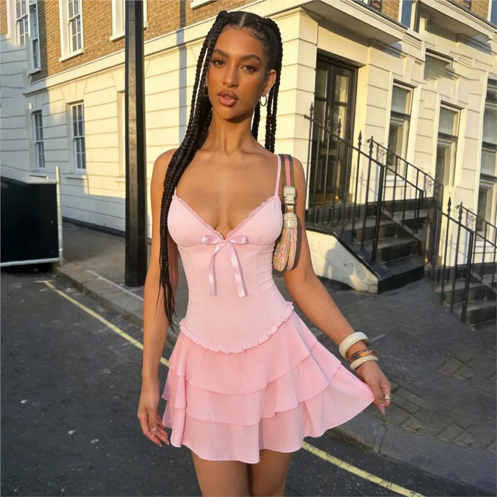 

2026 Sleeveless Dresses For Woman Party Wedding Spaghetti Strap Dress Lady Vestidos Sweet French Solid Color Lace Patchwork Slim