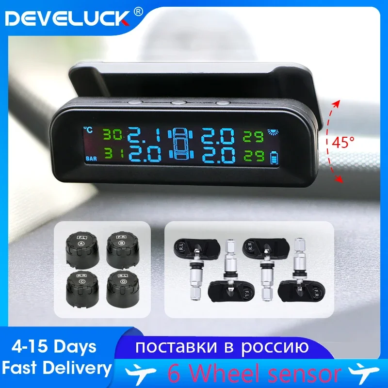 Develuck TPMS Solar Car Tire PressureTemperature Alarm Monitoring System External Sensors rotate 360 degrees accessories tool