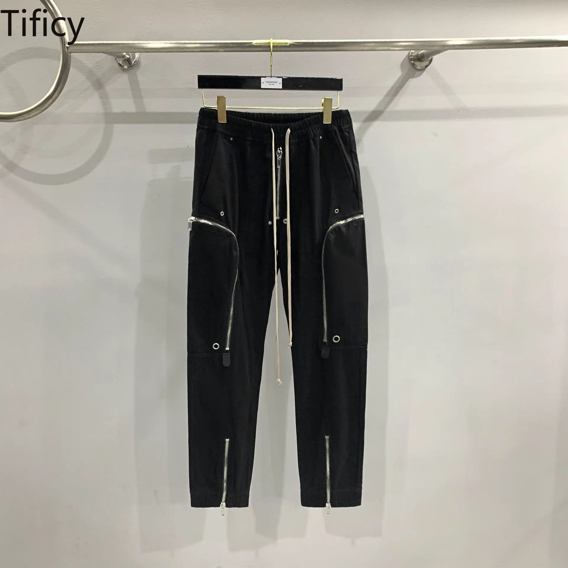 TIFICY High Street Black Pants Cotton Men's Fashion Show Style Multi Zipper Motorcycle Men's Casual Pants Calf Casual Pants