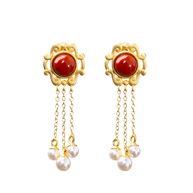 

S925 silver plated South Red Agate Tassel Earrings Fashion Trend women's Pearl Earrings