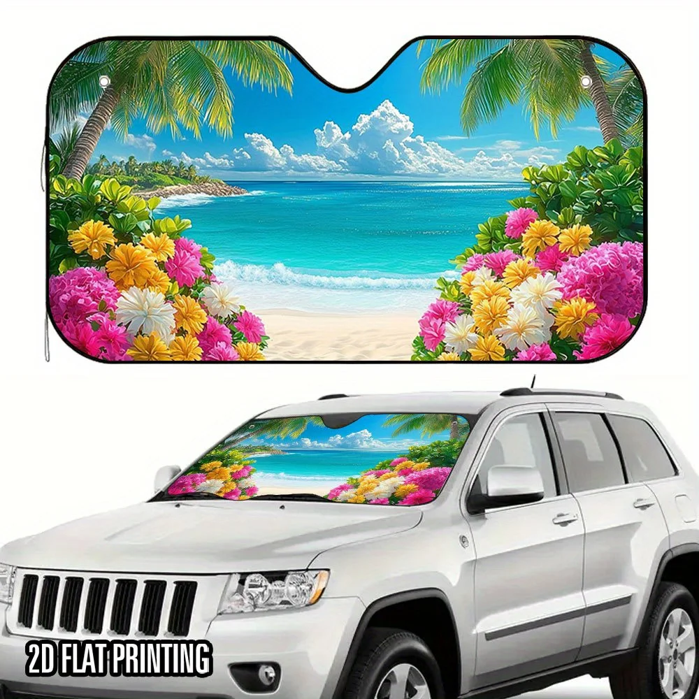 1pc 2D Flat Flower Sea Seaside Scenery Design Sunshade – Stylish & Foldable, Keeps Your Vehicle Cool, 4 Suction Cups For Easy I