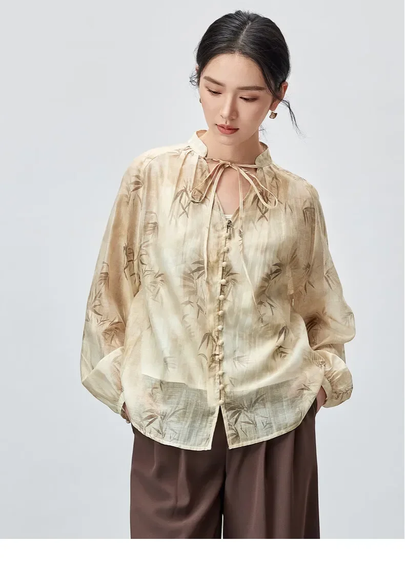 SENTUBILA 2 Piece Sets Outfits Women's Clothing 2025 Autumn Basic Vest Tops Linen Print Lantern Sleeve Lace-Up Shirts 143V55857