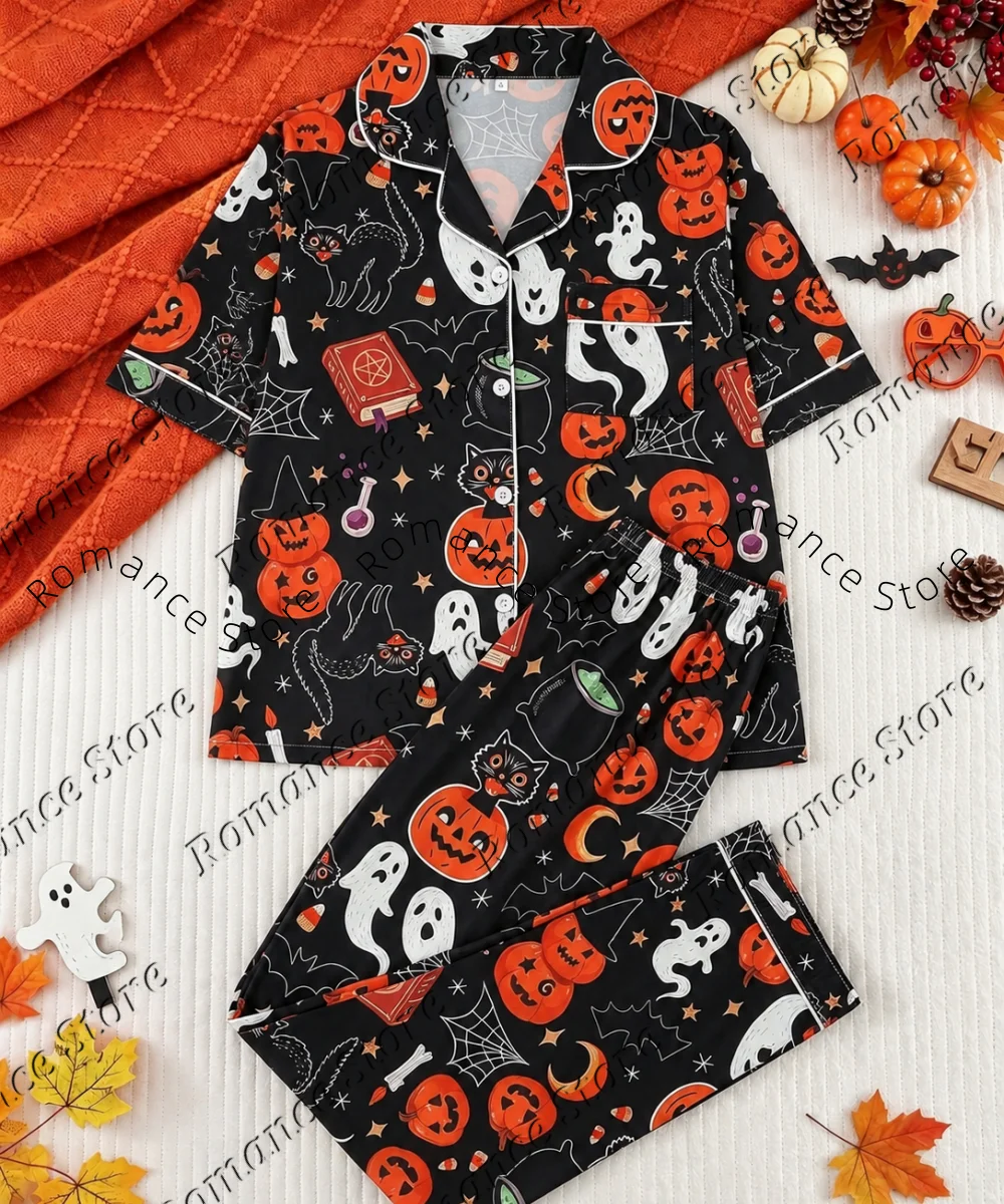 Halloween Theme Women Pajamas Cartoon Pumpkin Cat Spider Web Print Button Down Tops Long Pants Casual Men Nightwear Home Suit