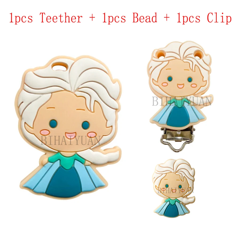 3pcs one set princess Elsa Silicone teether clip Focal Beads DIY Pacifier Chain Clips Beads pen Toy Jewelry Accessories