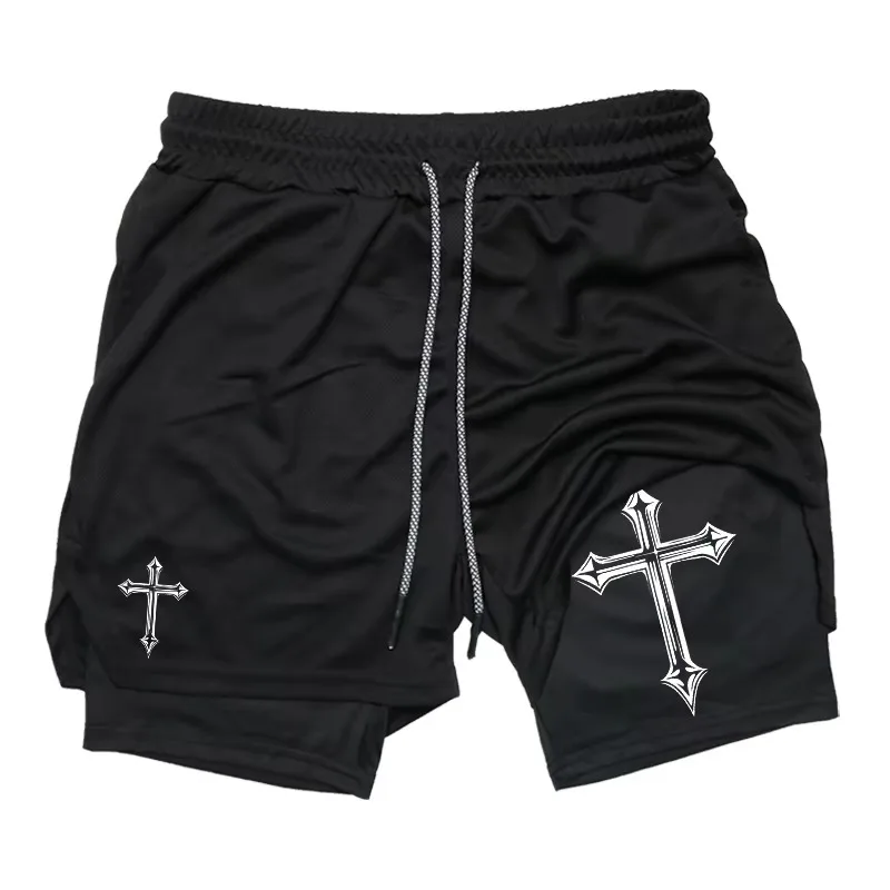 Cross Print 2 in 1 Men's Gym Running Shorts, Christian Themed Athletic Shorts with Compression Liner, Phone Pocket & Towel Loop