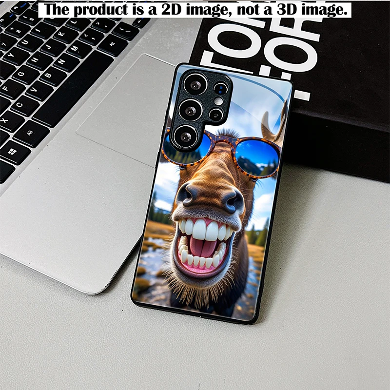 Shockproof Black Glass Phone Case 2D Print Grinning Elk Wearing Sunglasses Pattern Full Protection For Samsung S26 S25 S24 A55 A