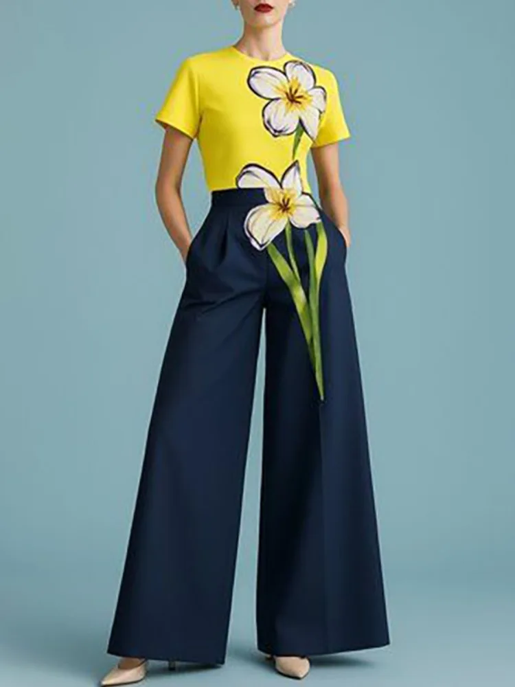 Yeezzi Women's High-Waisted Wide Leg Floral Printed Pants With Pockets 2025 New Fashion Loose Casual Elegant Trousers Bottoms