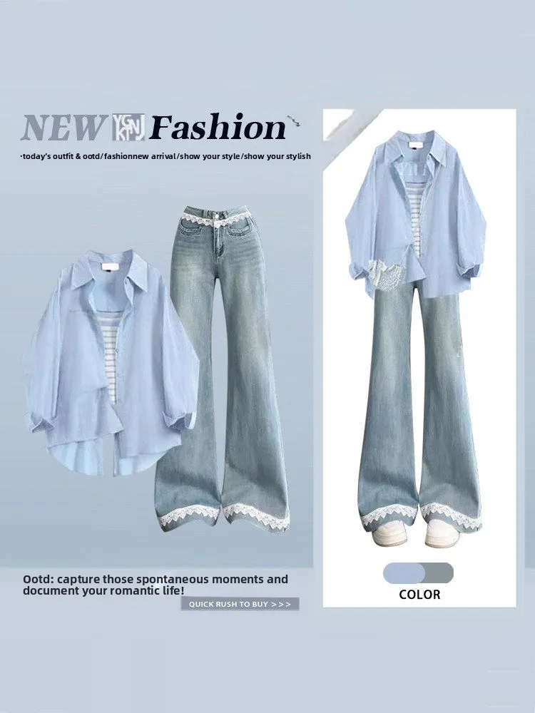 

Korean Style Women's Three-Piece Set Sun Protection Shirt Stripe Lace Splicing Jeans Casual Fashion Spring Summer Outfit