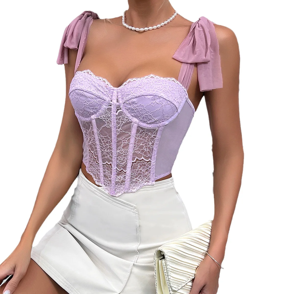 Bowknot Crop Corset Purple Lace-up Bustier Summer Sexy Mesh Halter Lingerie Tank Tops Women\'s Clothes Caims Streetwear Slim Vest