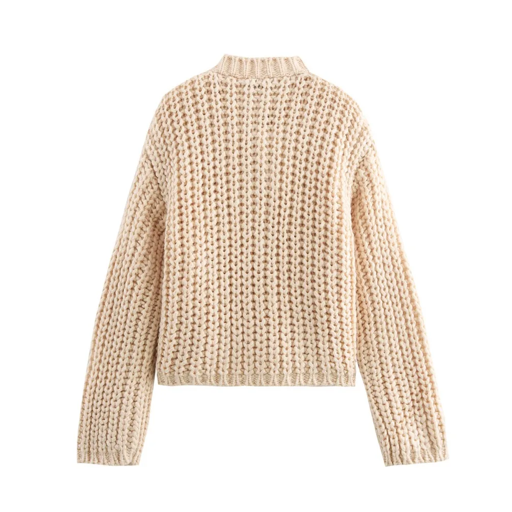 TRAF ZR 2024 Autumn O-NECK Chunky Knitted Cardigan Relaxation Gold Button Sweater Long Sleeve Knitwears Front Patch Pockets