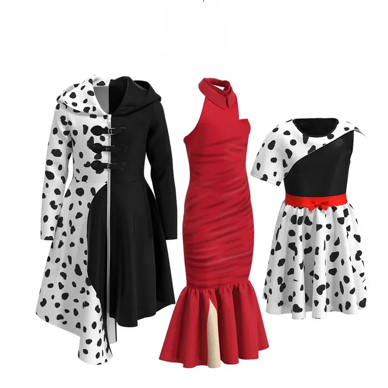 Kostium Anime na Halloween dla Dzieci Karnawałowy Strój Cruelli De Vil Cosplay Sukienka na Imprezę dla Dziewczynek