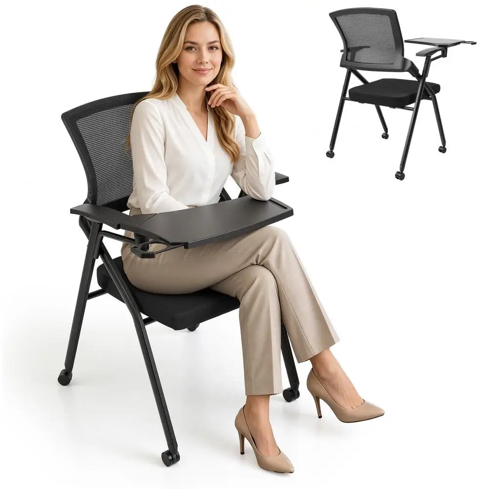 Foldable Conference Chair Ergonomic Mesh Back Writing Board Armrest PU Wheels Padded Seat Office Reception Guest Black Chair