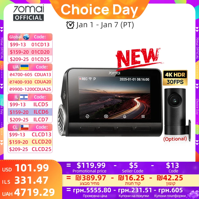 70mai A810S 4K autós kamera, kettős HDR, beépített GPS, ADAS, 24 órás parkolás, 4G kompatibilis, autós DVR, 70mai A810S szuperkondenzátoros hangvezérlés