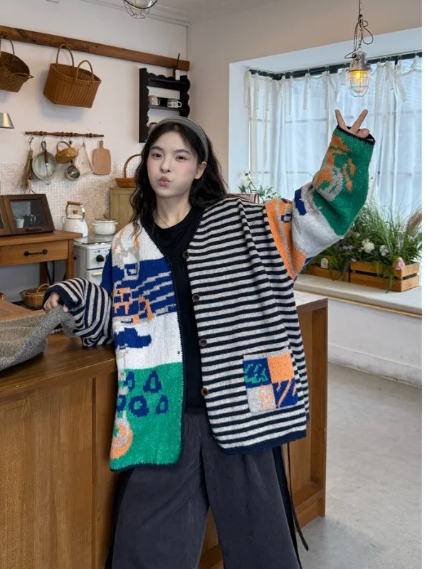 

plus Size Women's Lazy Style Retro Striped Sweater Jacket Long Sleeve Inner Wear Contrast Color Top Fall New Arrival Korean V...