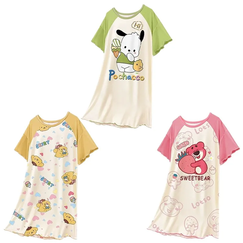 

Anime Purin Dog Pochacco Cute Printed Short Sleeved Pajama Dress Kawaii Cotton Comfortable Sleeping Dress Children's Home Wear