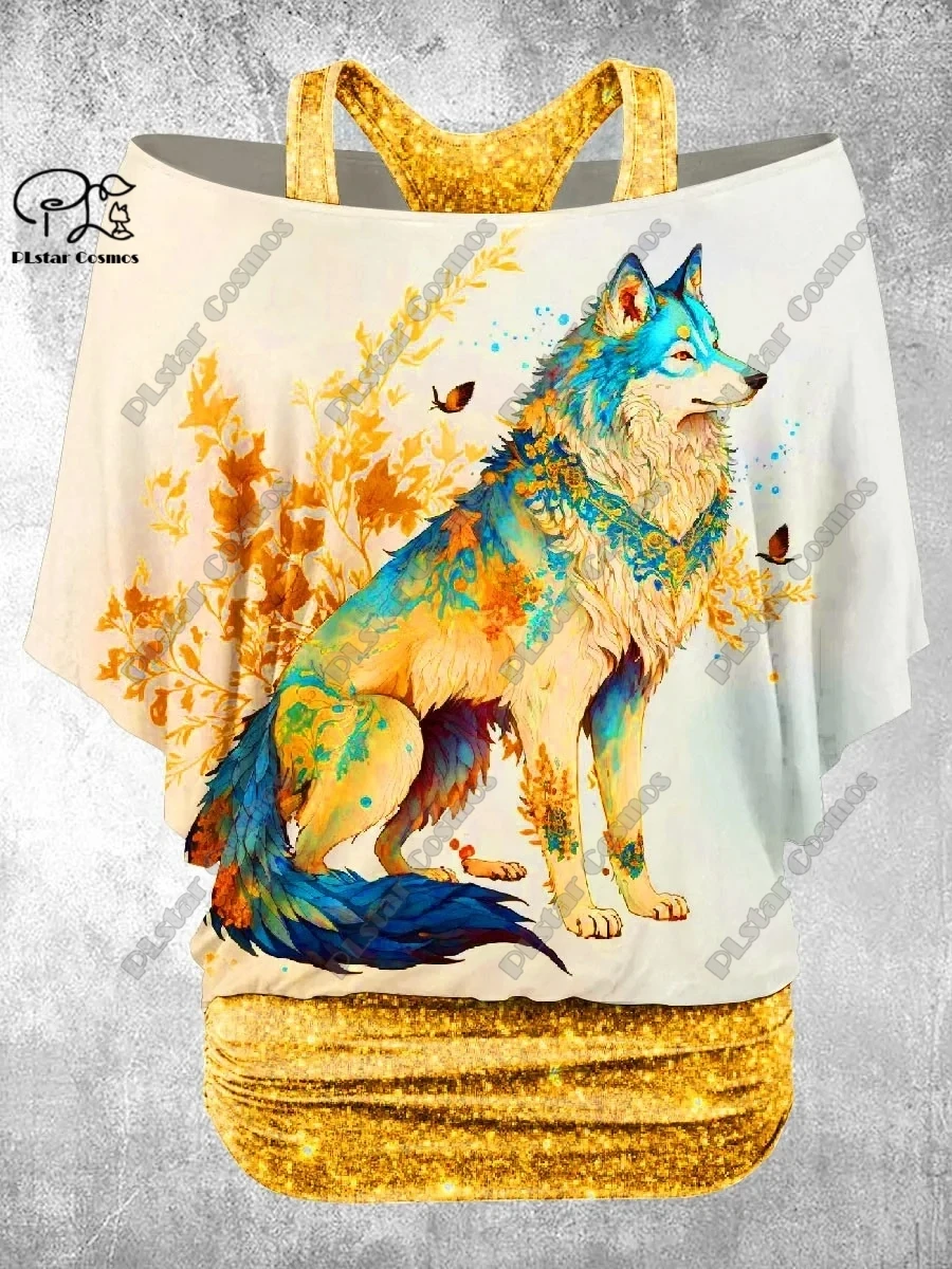 

PLstar Cosmos 3D Printed Wolf King Pattern Fake Two-Piece Top Women's Casual T-Shirt Harajuku Streetwear Collection