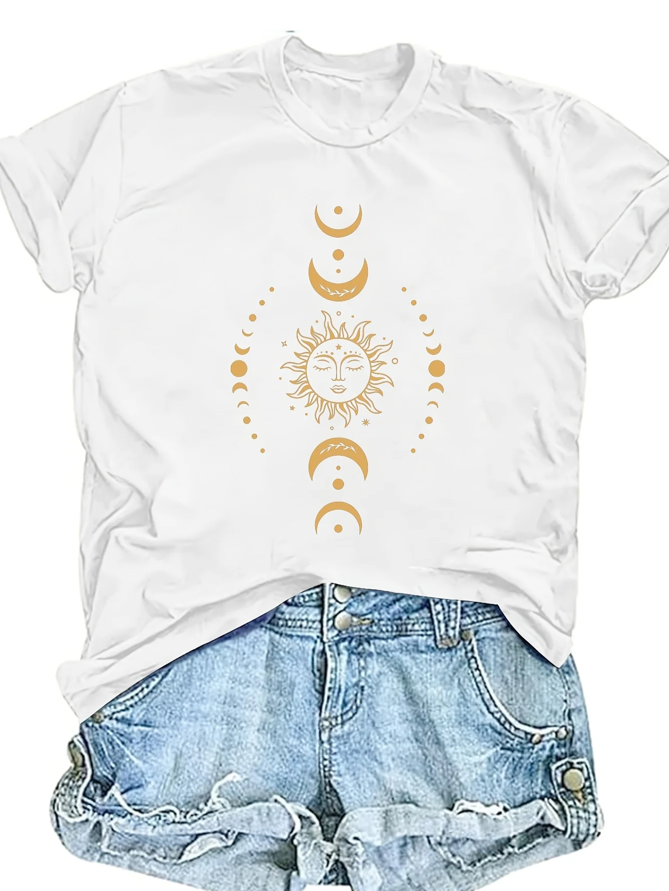 Standard Size Women's Sun and Moon Star Printed T-shirt - Navy Blue Gold Casual Round Neck Short-sleeved Top, Breathable Four-season Machine Washable, Comfortable and Versatile, Celestial Theme, Soft Fabric, Loose Version, Durable Printing Trend