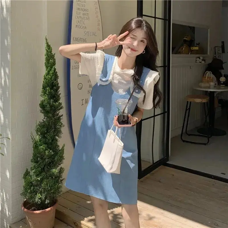 Mode Dames Set Lente Zomer Nieuwe Koreaanse Editie Diepblauwe Denim Strap Dress + Abrikoos Sweet T-Shirt Tweedelige Set Voor Vrouwen