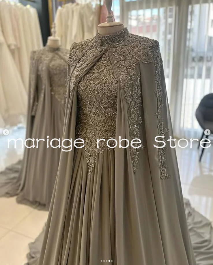 Silver Grap Muslim Caftan Morocco Prom Dresses with Cape Sleeve Luxury Embroidery Lace Customsized Kaftan Evening Gown