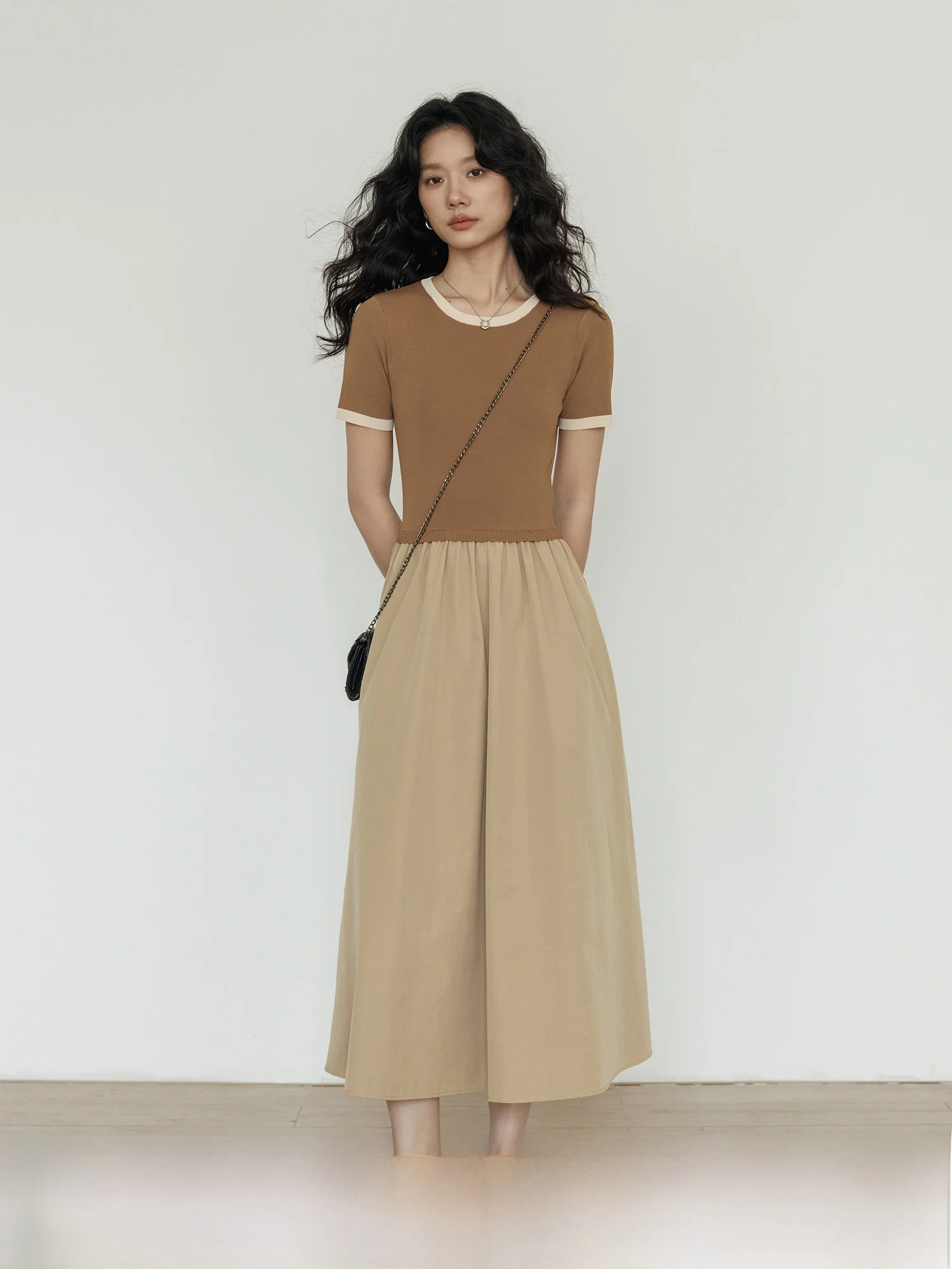 

Summer round Neck Short Sleeve Knitted Patchwork Dress Women's Commute Vintage A-Line Skirt Lazy T-Shirt High-End Long Dress
