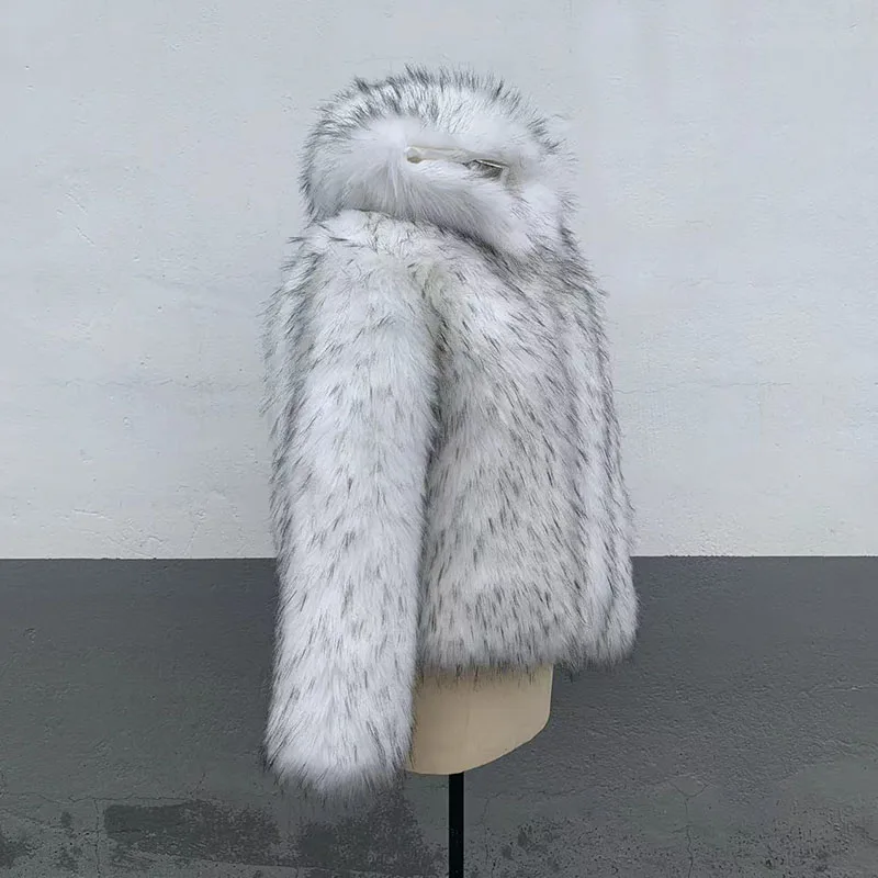Faux Raccoon Silver Fox Fur Coat for Women, Hooded Warm Jacket, Thick Outerwear, New Style, Fashion, Winter