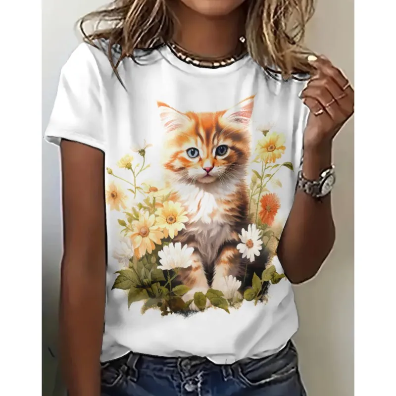 Camisetas con estampado de gato de manga corta y cuello redondo para mujer, Tops informales holgados con estampado de flores en 3D, verano 2024