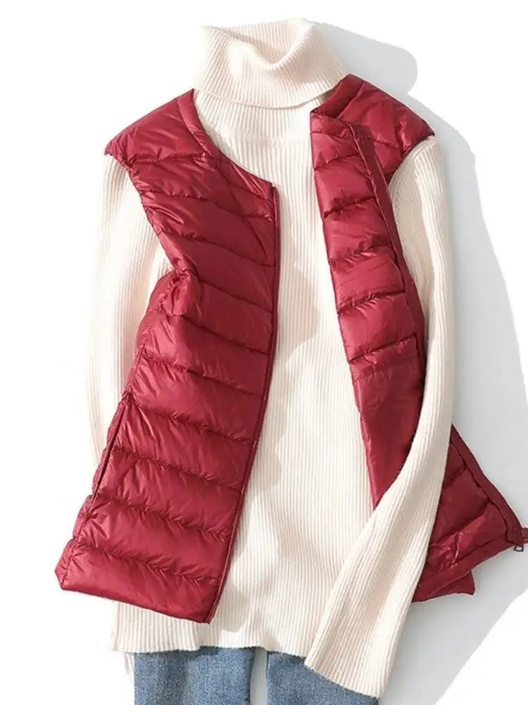 Women Lightweight Down Vest Jakcet Autumn Winter Sleeveless Round Neck White Down Coat Thin Waistcoat Female Warm Outwear
