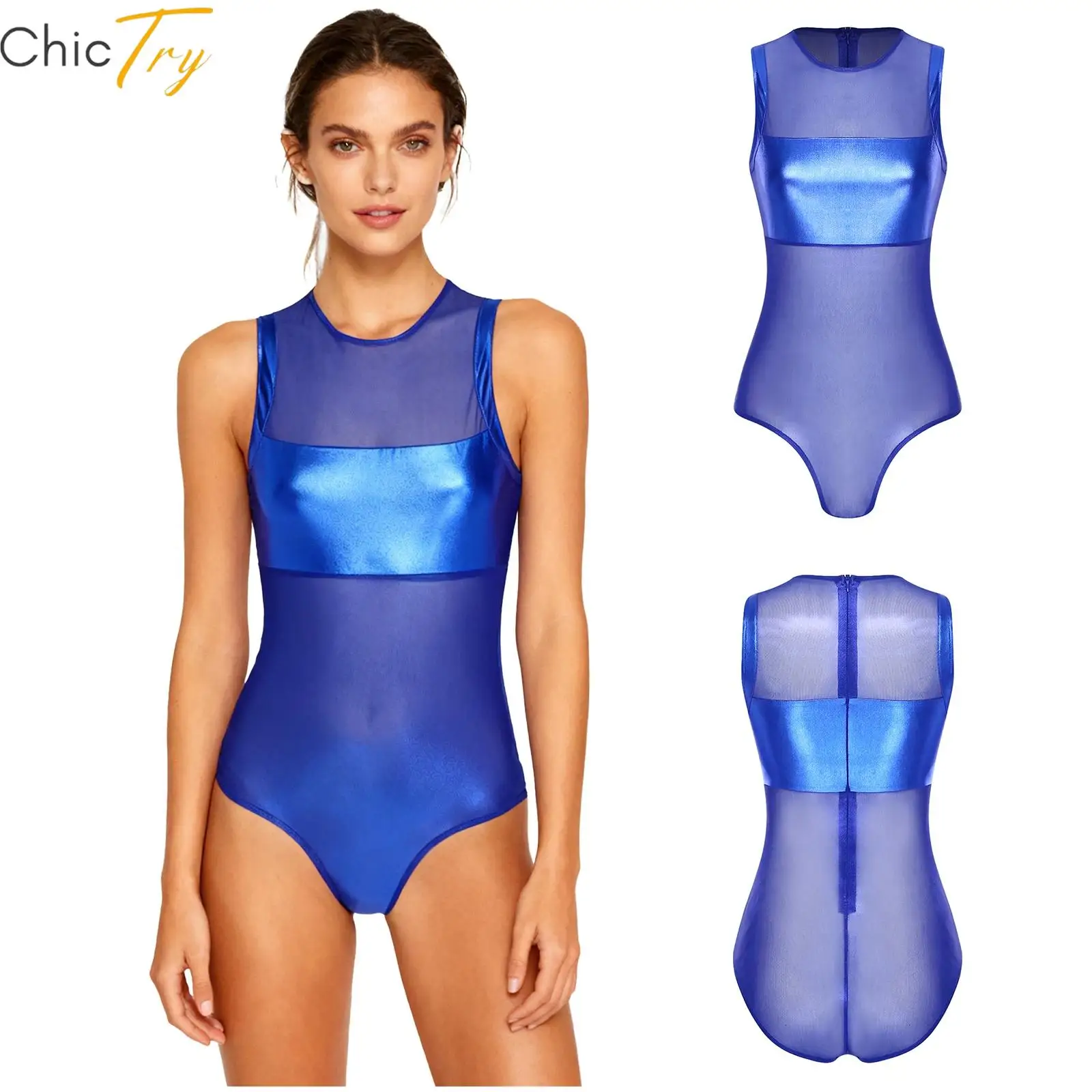 إمرأة مثير يوتار بقماش شفاف المرقعة لامع لامع ارتداءها ليلة خارج كلوبوير بذلة أكمام Unitard ملابس الرقص الطرف