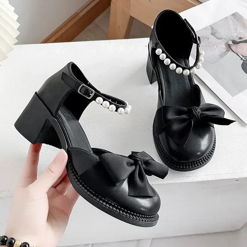 

2024 New Mary Jane Shoes Bow Tie Thick Sole Round Toe Casual High Heels Sweet Latest Lolita Outdoor Fashion Comfortable Pearl