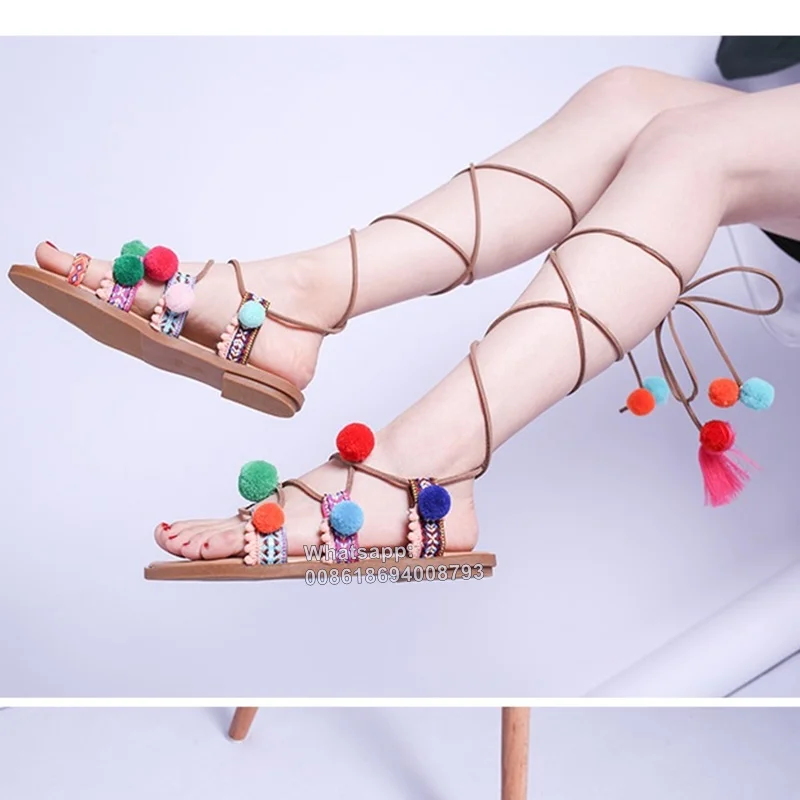 Moriama Snc Mixed Color Lace Up Sandals Small Furry Ball Decor Flat With Shoes Summer Fashion Strappy Cross Tied Women Sandals