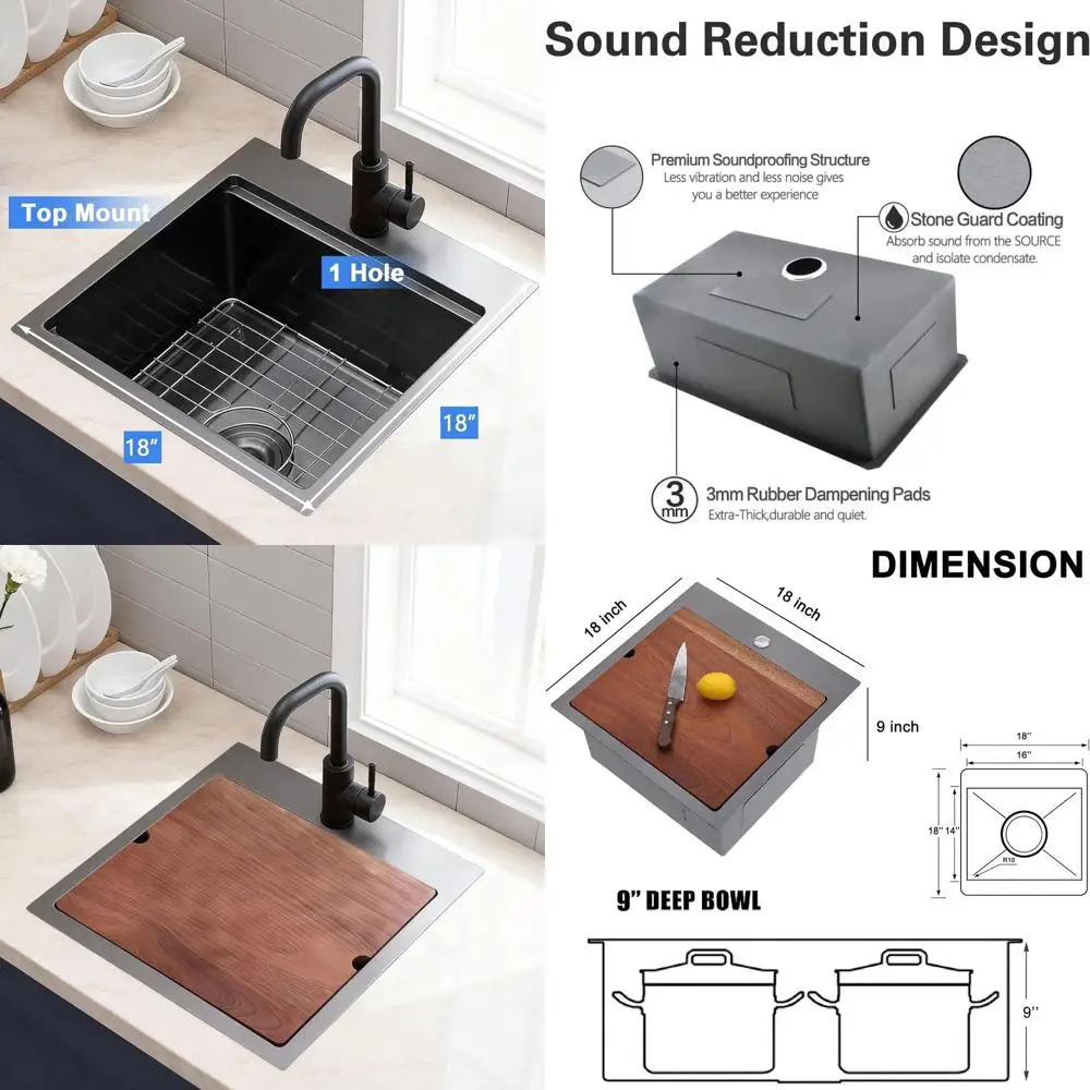 

18 Gunmetal Black Drop-In Bar Sink with Stainless Steel Topmount Single Bowl Kitchen Prep Sink and Cutting Board