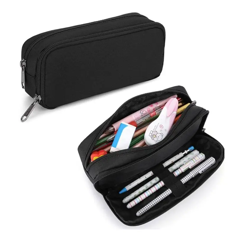 QWE-3X Big Capacity Pencil Case Oxford Storage Pouch Marker Pen Case Simple Stationery Bag School Office Organizer Black