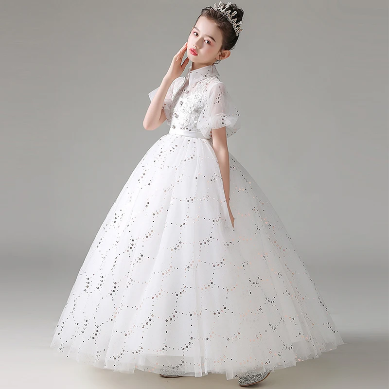 Child Girls Evening White Dress for Wedding Elegant Party Formal Sexy Sequin Long Dresses Puff Sleeve Birthday Frock Ball Gown