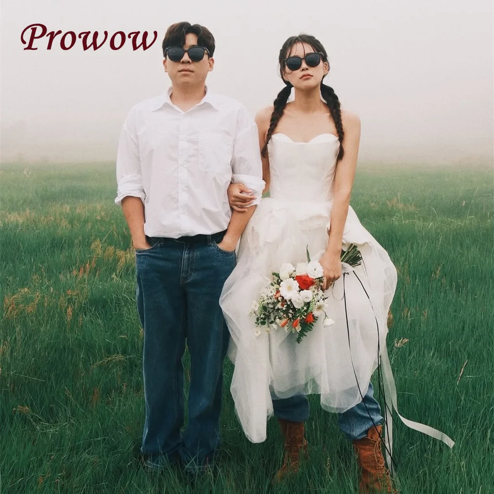 

Prowow Elegant Sweetheart Neck Wedding Dresses Pleats Tulle A Line Bridal Gowns Sleeveless Korea Photoshoot Corset Customized