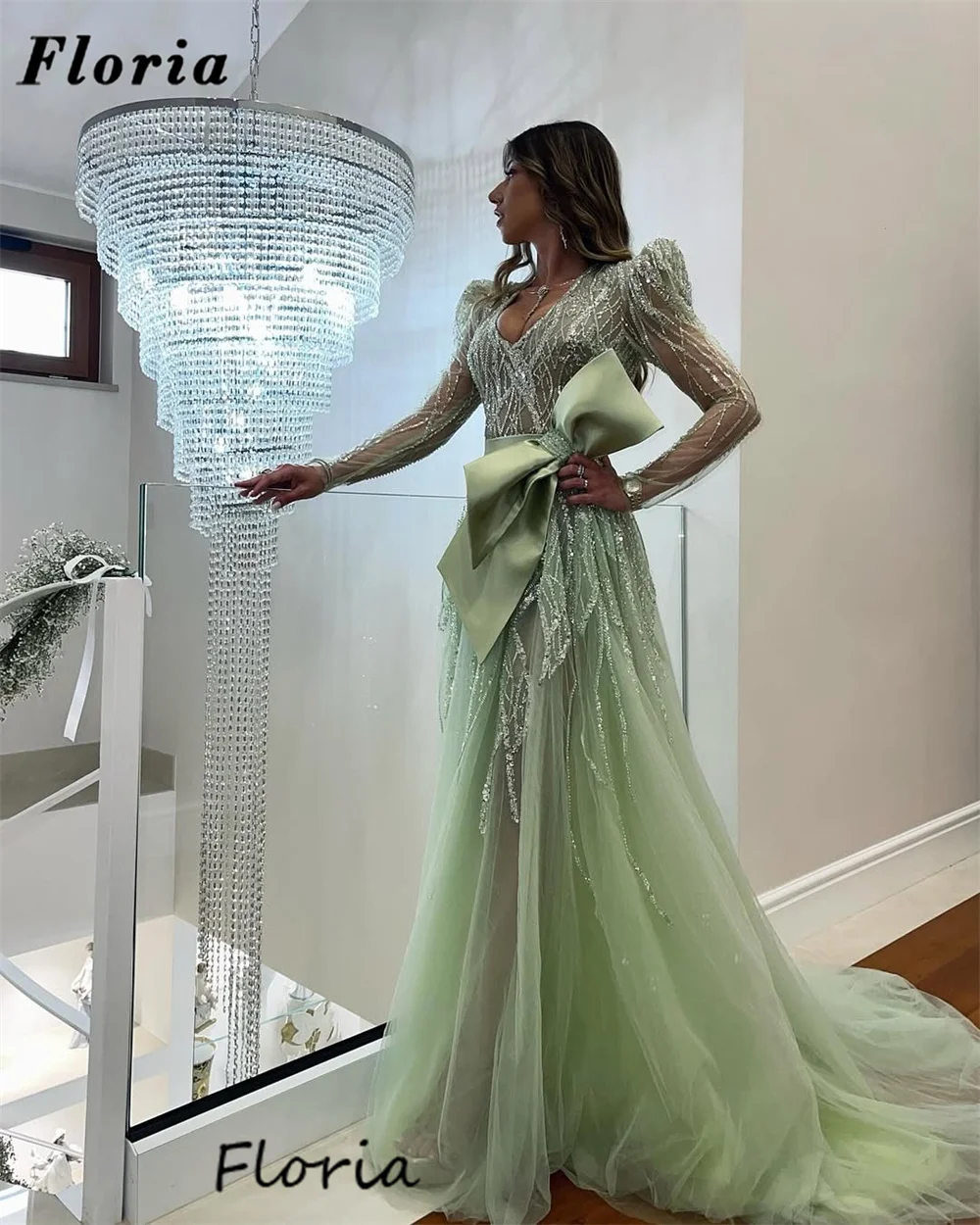 

Coutures Mint Green Beading Evening Dresses Robes De Soiree Middle East Dubai Prom Dress A Line Wedding Party Gowns Customized