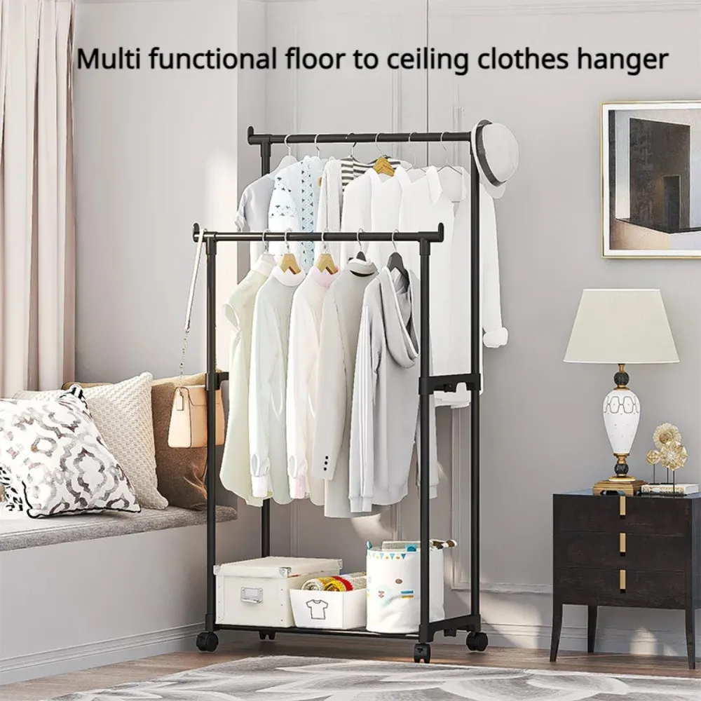 Movable Coat Rack Double Rod Clothes Rack Floor Movable Bedroom Shelf Simple Assembly Multifunctional Household Bedroom Hanger