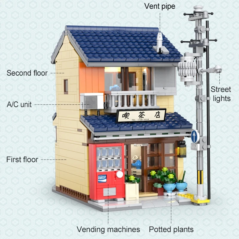 Bloques de construcción de casa de té japonesa para niños, juguete de edificio de ladrillos para armar ciudad con vista a la calle, ideal para decoración de escritorio, código 1200, piezas