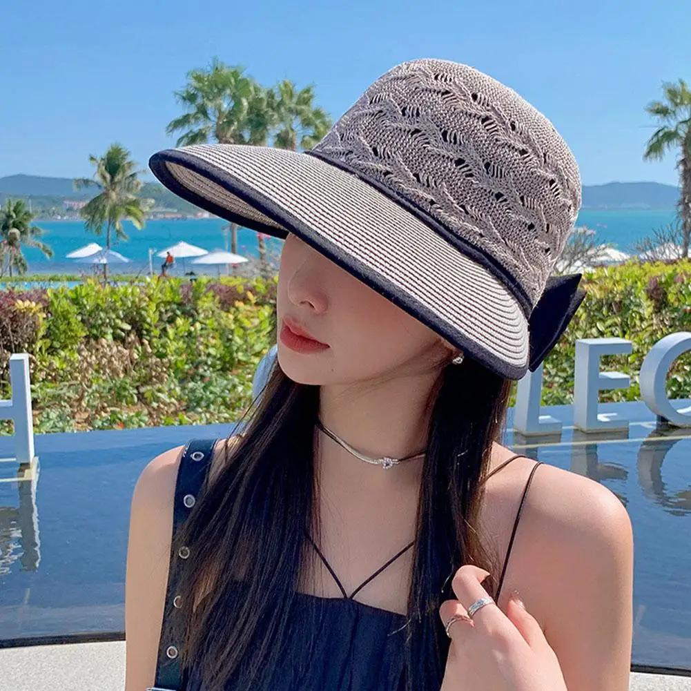 Women Ponytail Straw Sun Hat Summer Wide Brim Bowknot Visor Cap Outdoor Sun Protection Beach Foldable Hats Ladies Panama Caps